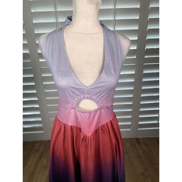 NEW Halter Dress Large Purple Ombre Backless Lightweight Cut Outs Fit Flare - Picture 3 of 11